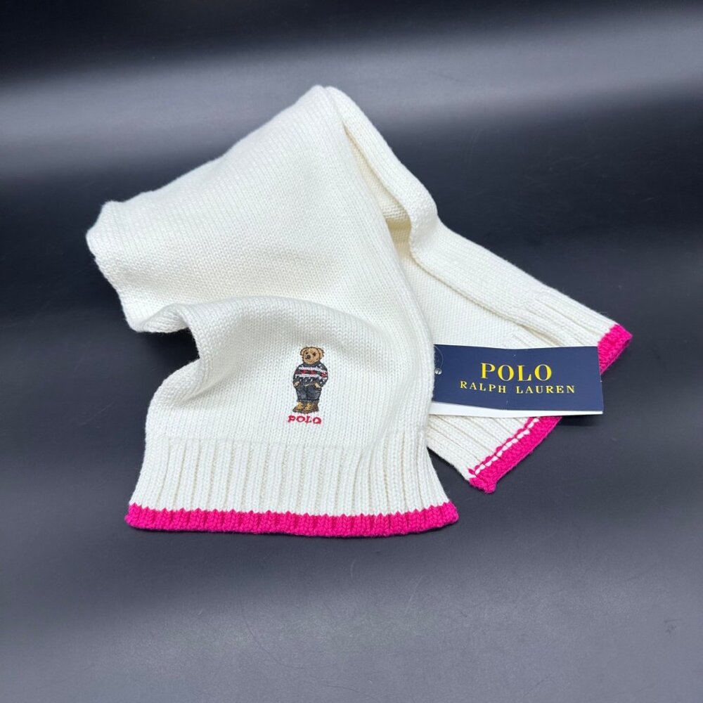 Polo Ralph Lauren Kids Cream Knit Scarf Bear Embroidery Pink Trim One Size 4-7